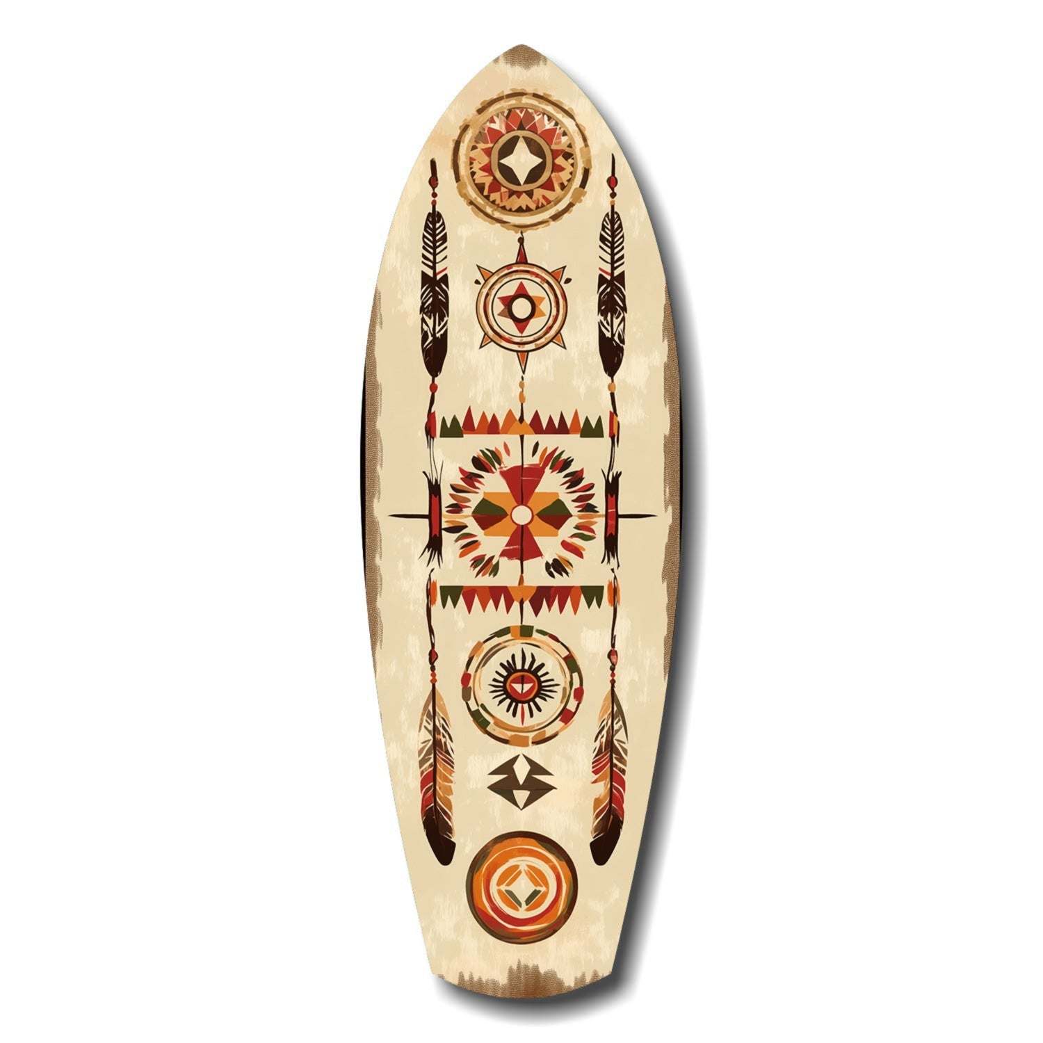 Wooden surfboard-shaped wall art with Native American-inspired geometric patterns in red, brown, orange, and cream featuring circular medallions and feather motifs.