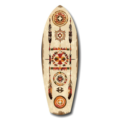 Wooden surfboard-shaped wall art with Native American-inspired geometric patterns in red, brown, orange, and cream featuring circular medallions and feather motifs.