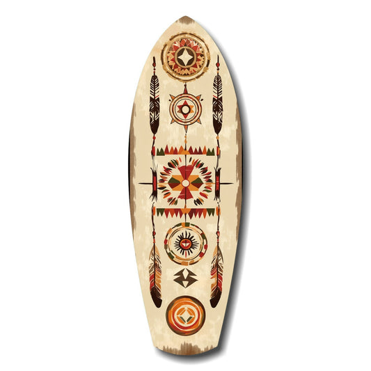 Wooden surfboard-shaped wall art with Native American-inspired geometric patterns in red, brown, orange, and cream featuring circular medallions and feather motifs.