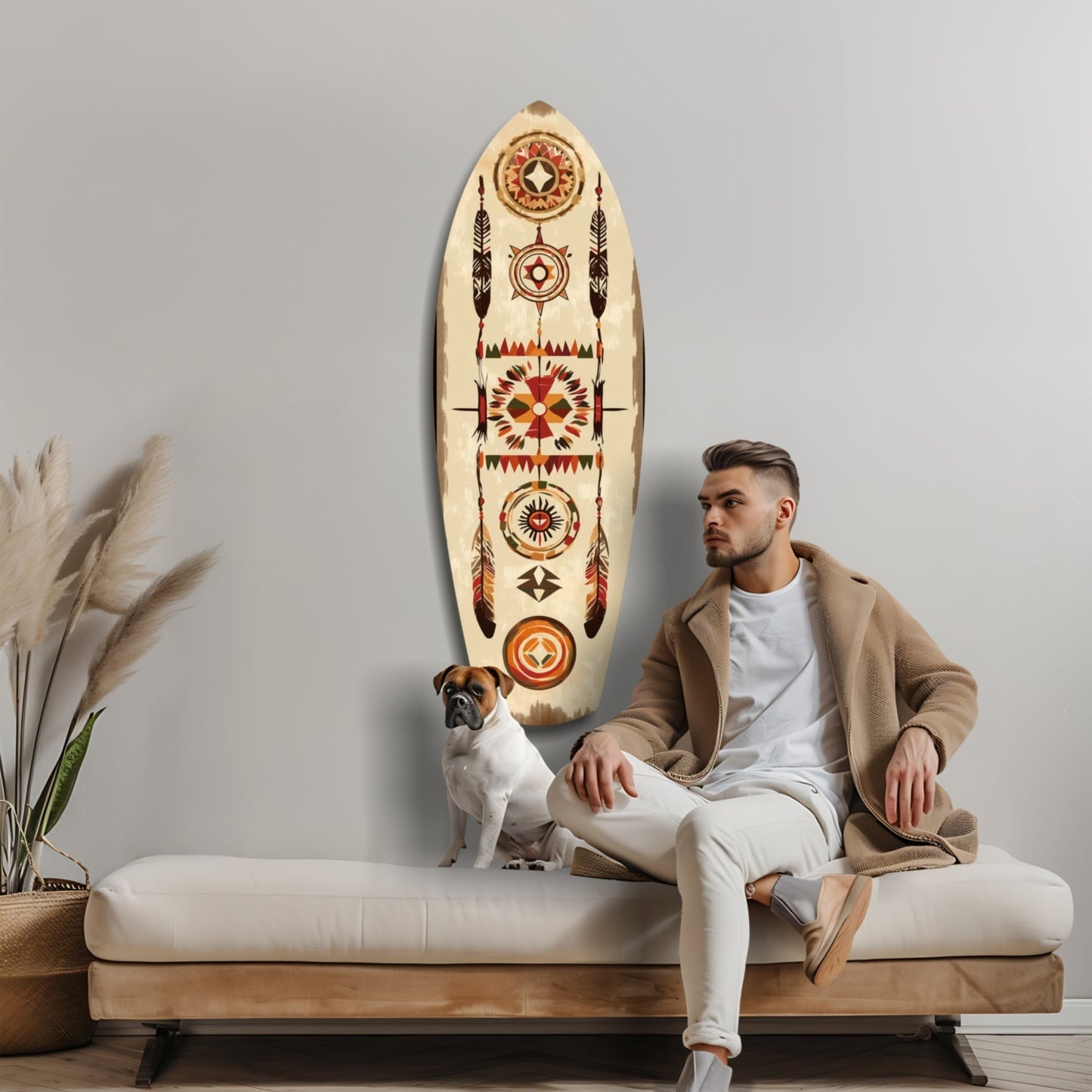 Man and dog sit on cream bench beneath cream glass wall art featuring geometric Native American patterns in red, orange, and brown tones.