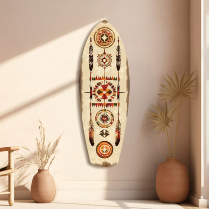 Cream-colored glass wall art with red, orange, and black geometric and feather patterns displayed on a beige wall beside decorative vases.
