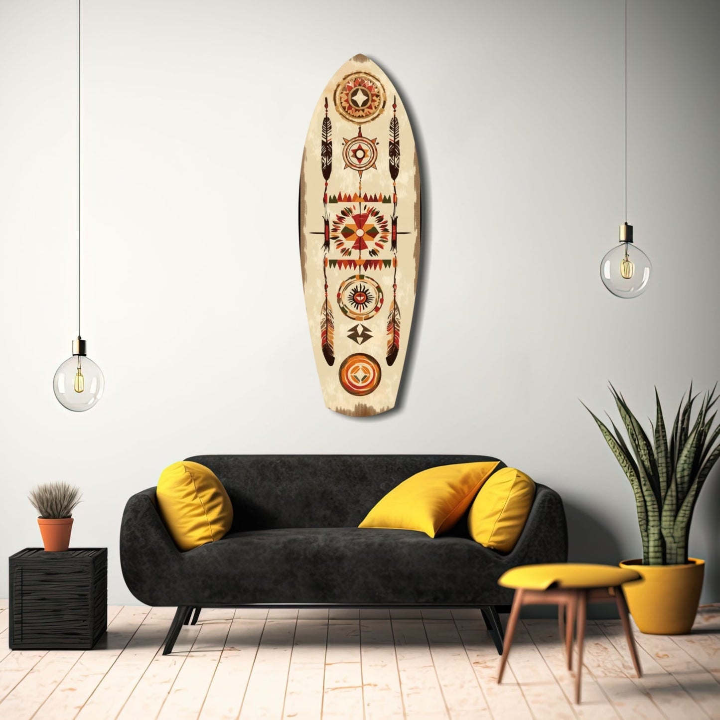 Aztech Patterns glass wall art hanging above black sofa with yellow pillows in modern living room setting.