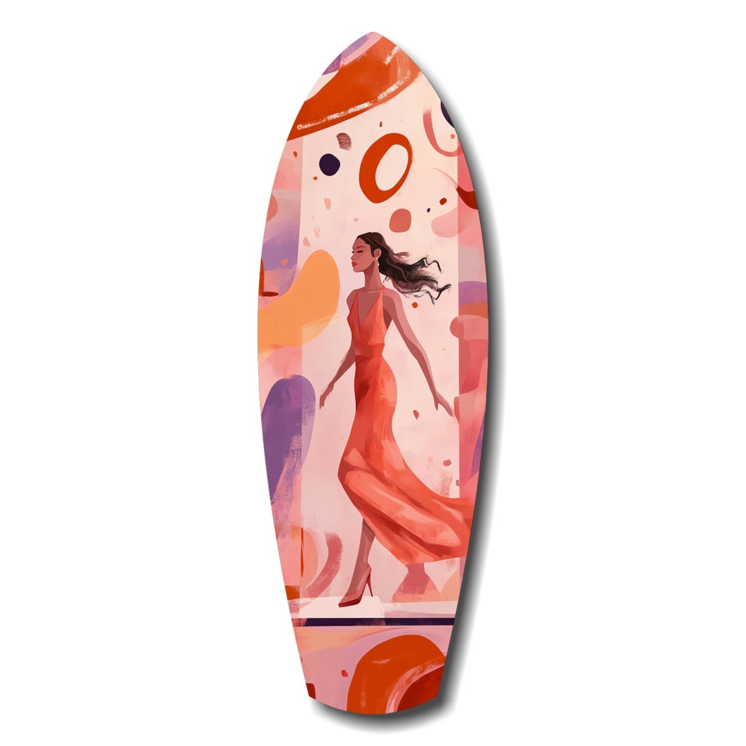 Elongated glass wall art featuring an illustrated woman in a flowing red dress surrounded by abstract geometric shapes in coral, orange, and purple tones.