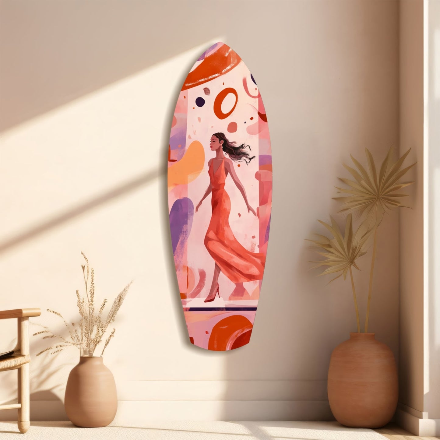 Oval glass wall art with illustrated woman in red dress surrounded by colorful abstract shapes, displayed on beige wall with decorative vases.