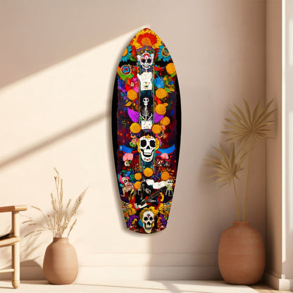 Floral Skull Totem With Guitar Glass Wall Art