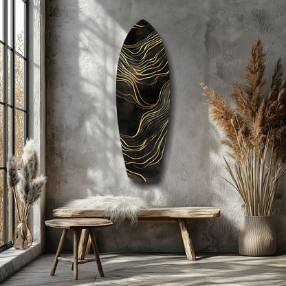 Surfboard Shaped Flowing Line Golden Waves Glass Wall Art
