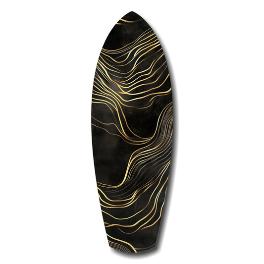 Black surfboard-shaped glass art with gold and bronze flowing wavy lines, displayed against white background.
