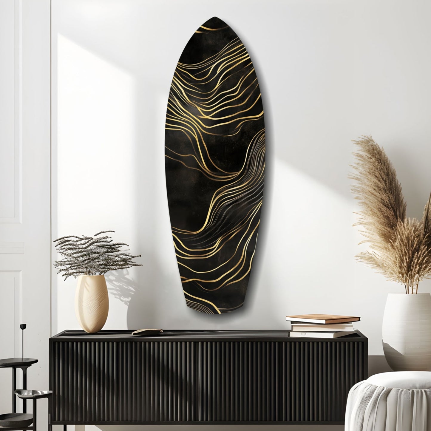 Surfboard Shaped Flowing Line Golden Waves Glass Wall Art