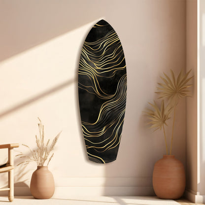 Surfboard Shaped Flowing Line Golden Waves Glass Wall Art