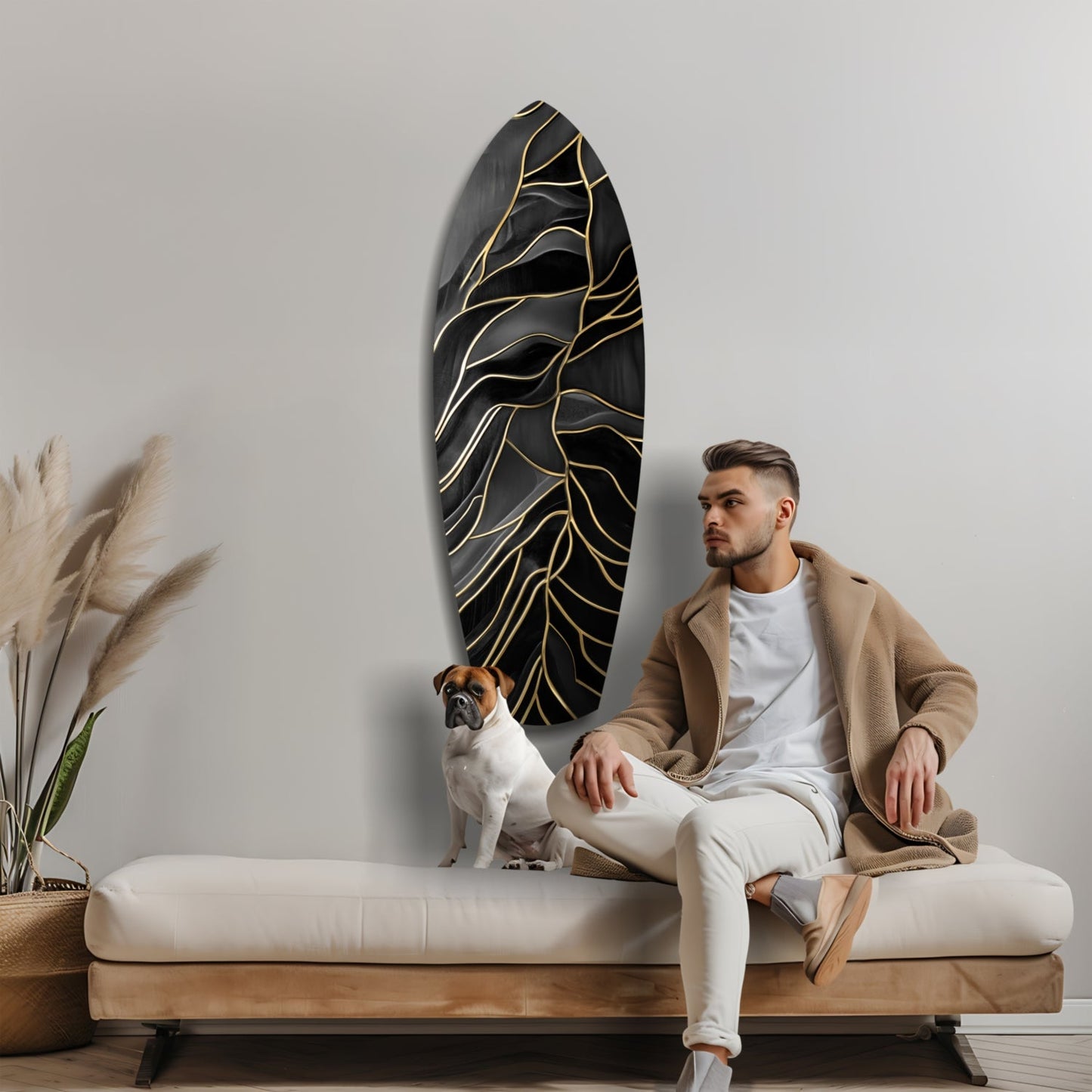 Surfboard Shaped Leaf Vein Golden Waves Glass Wall Art