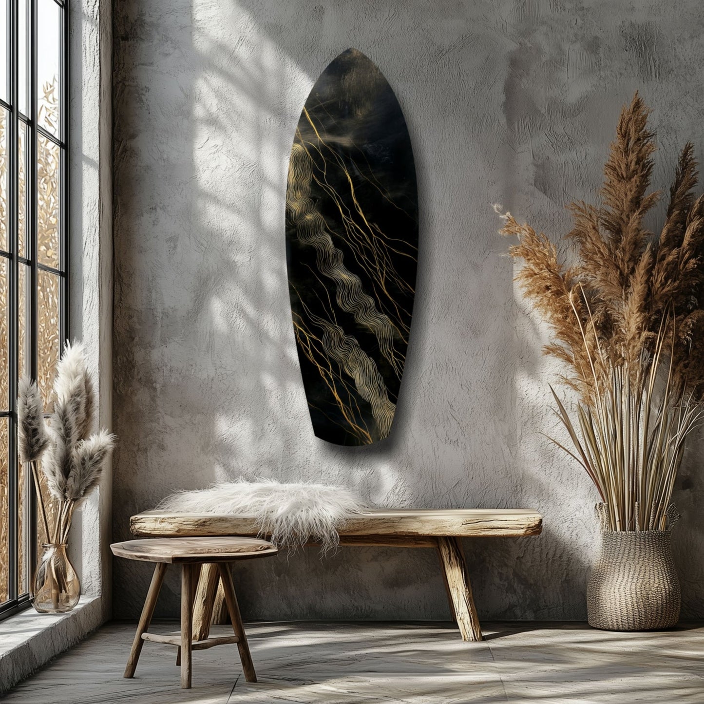 Surfboard Shaped Diagonal Streak Golden Waves Glass Wall Art