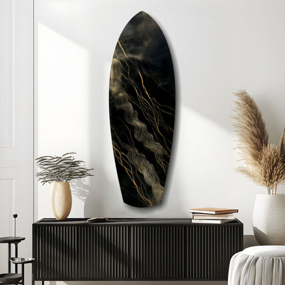 Surfboard Shaped Diagonal Streak Golden Waves Glass Wall Art