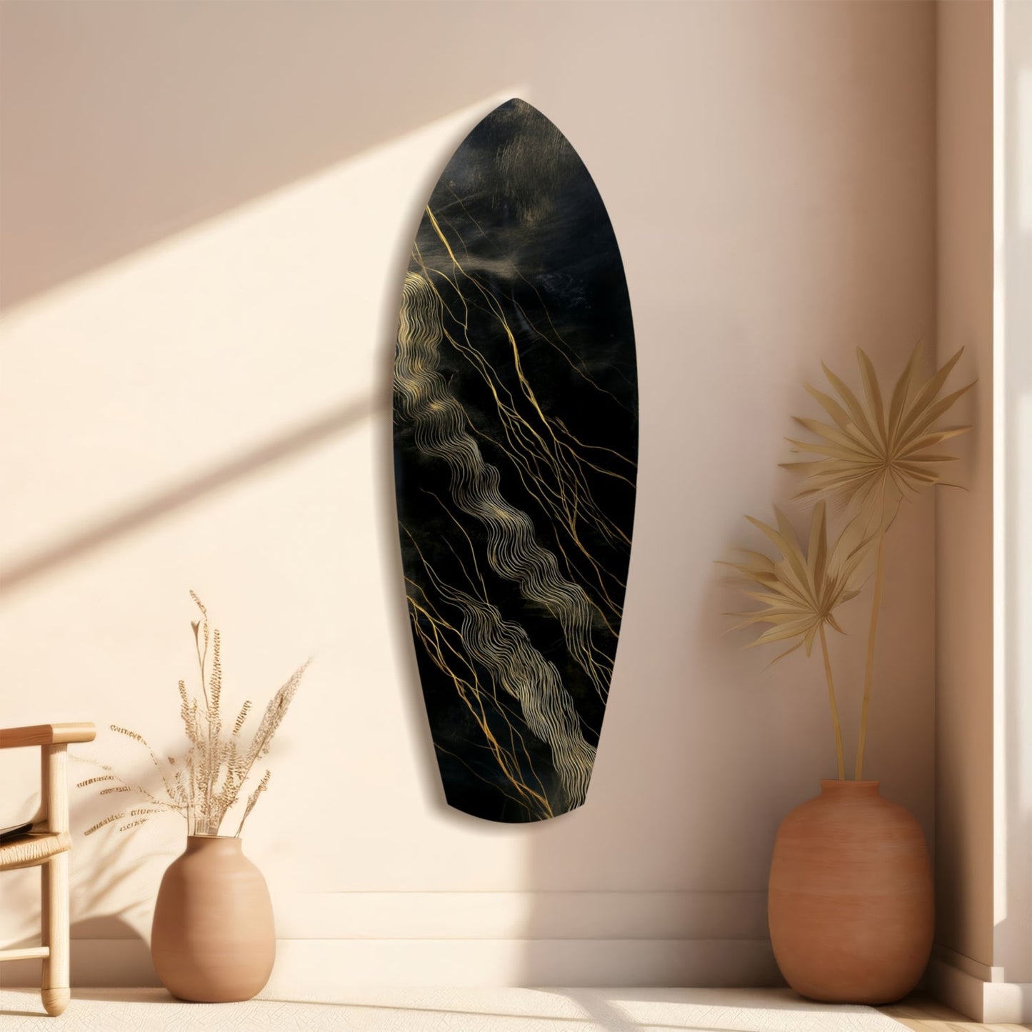 Surfboard Shaped Diagonal Streak Golden Waves Glass Wall Art