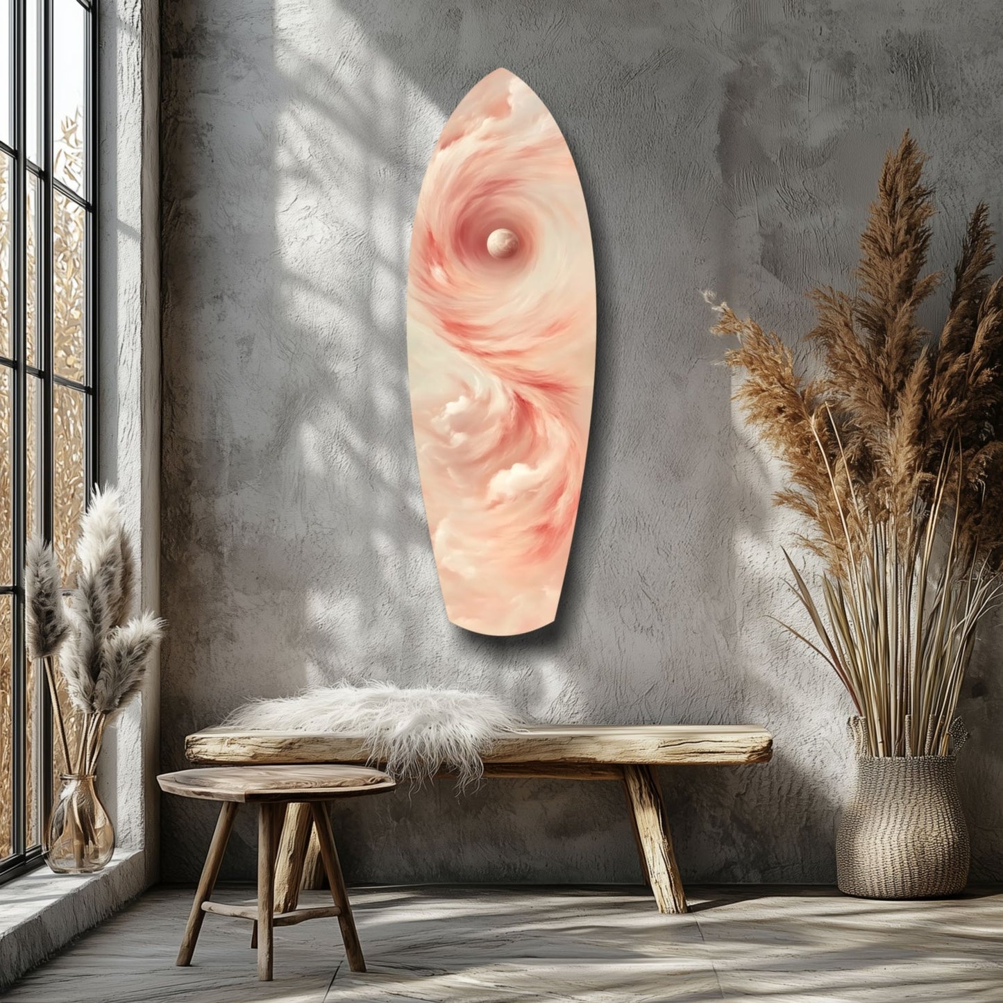 Pinky Swirl Glass Wall Art displayed on gray wall above wooden bench in minimalist interior with dried grasses and window light.