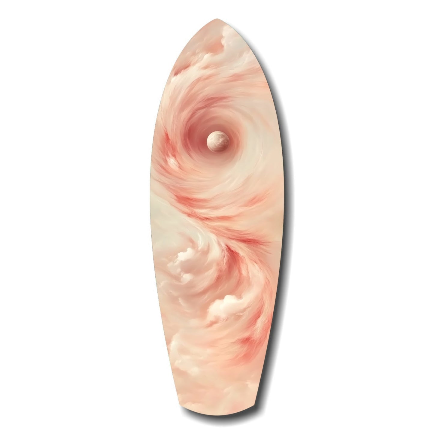 Elongated oval glass art piece featuring swirling pink and cream patterns with a central spherical focal point, viewed straight-on against white background.