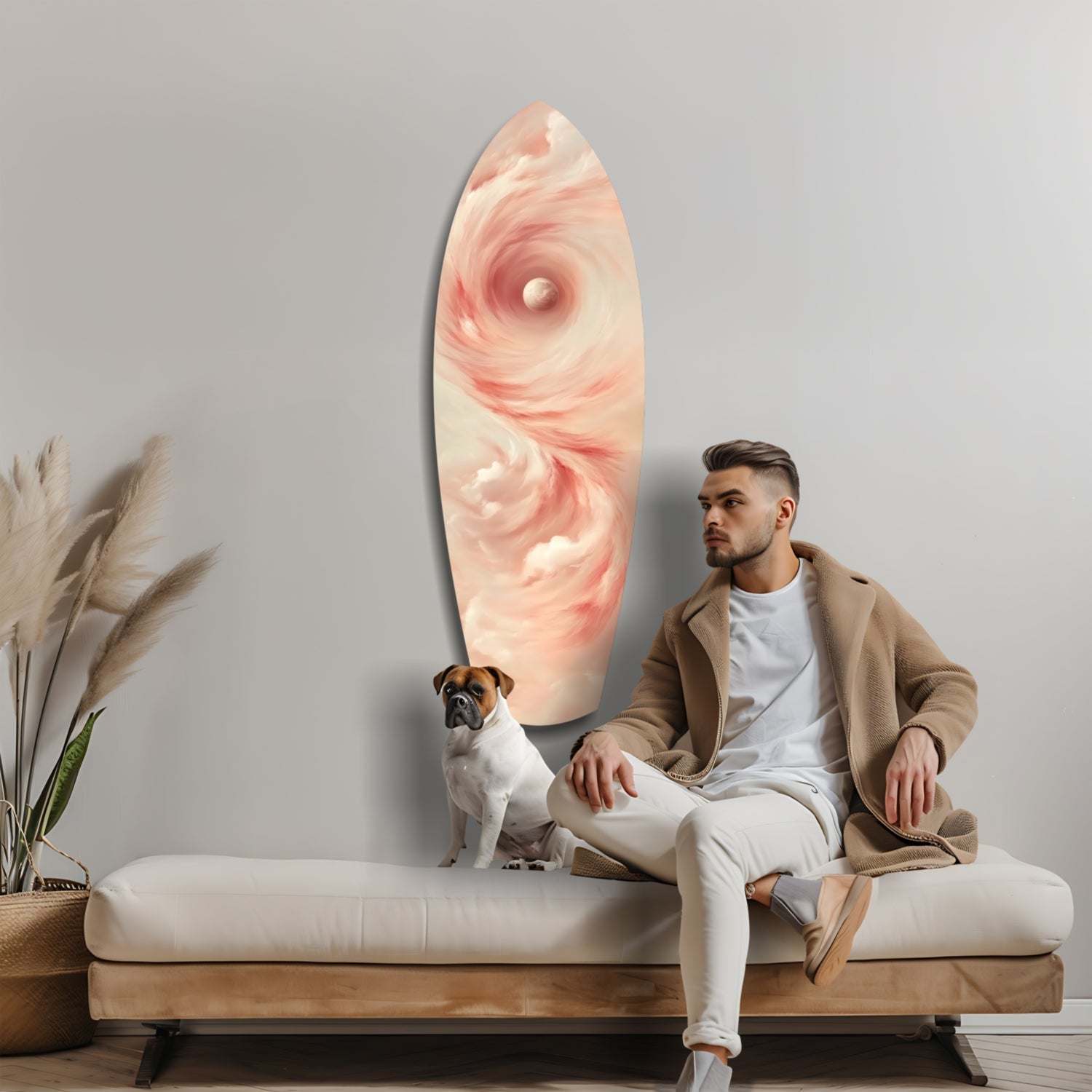 Man sitting on bench beside dog, viewing tall oval glass wall art with pink and cream swirled pattern.