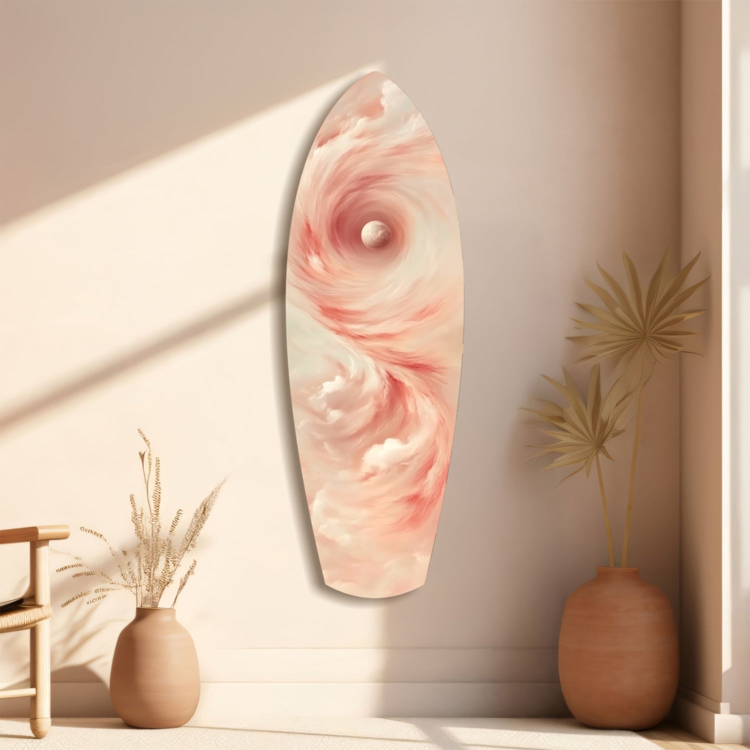 Pinky Swirl Glass Wall Art displayed on beige wall beside dried grasses in terracotta vases, showing pink and white swirled pattern.