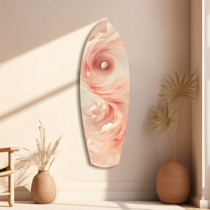 Pinky Swirl Glass Wall Art displayed on beige wall beside dried grasses in terracotta vases, showing pink and white swirled pattern.