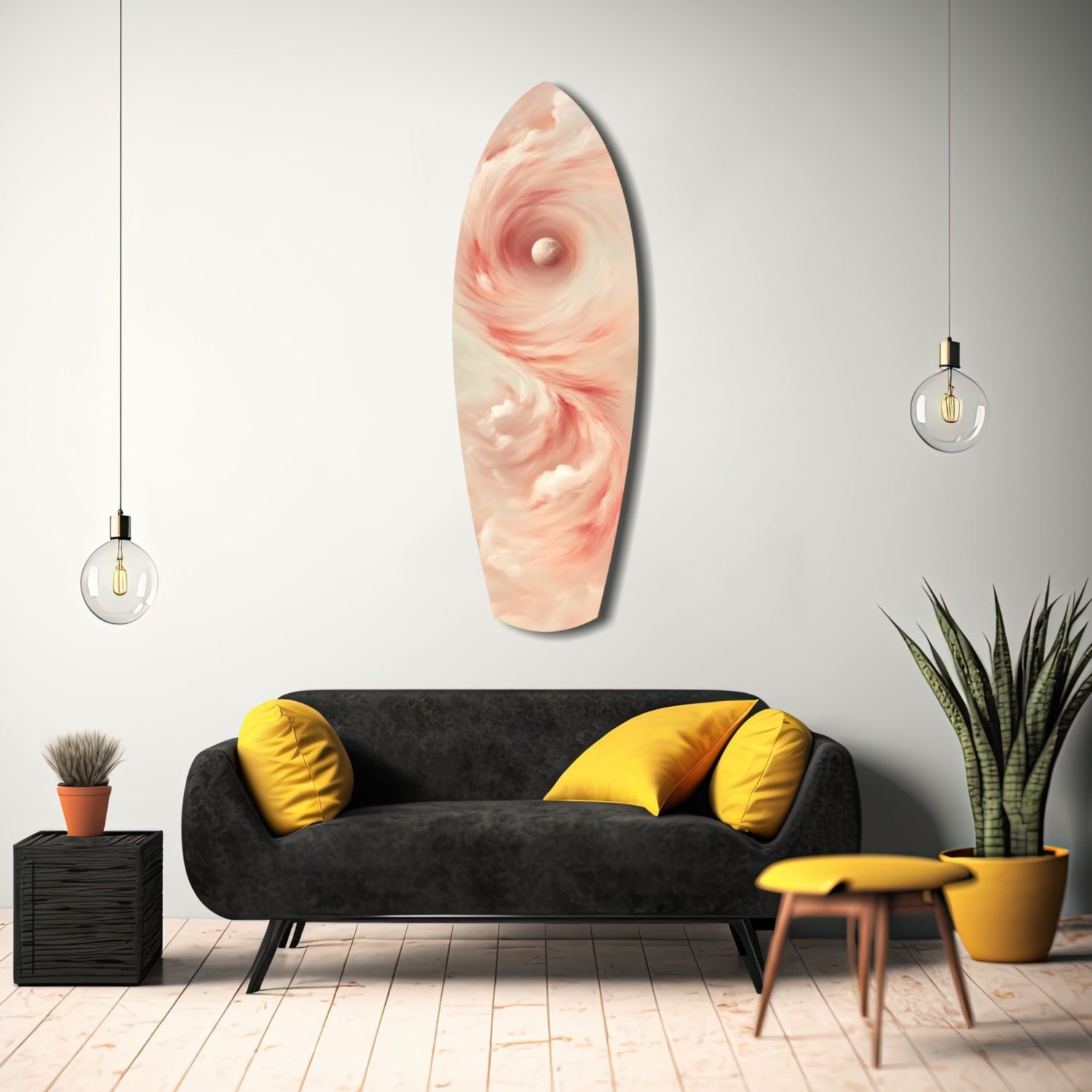 Pinky Swirl Glass Wall Art displayed above a black sofa with yellow cushions in a modern living room setting.