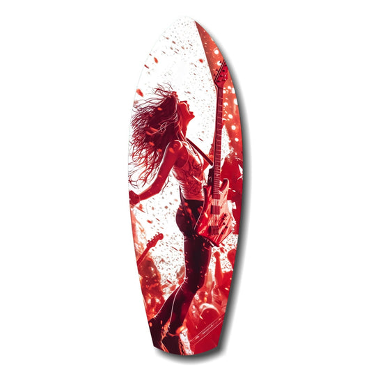 Red and white glass surfboard wall art featuring a musician with long hair playing guitar, depicted in silhouette against splattered background.