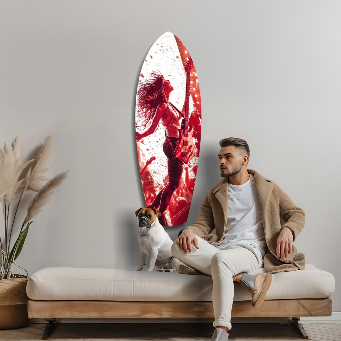 Man and dog sitting on bench beside red and white glass wall art featuring musician with guitar and flowing hair.