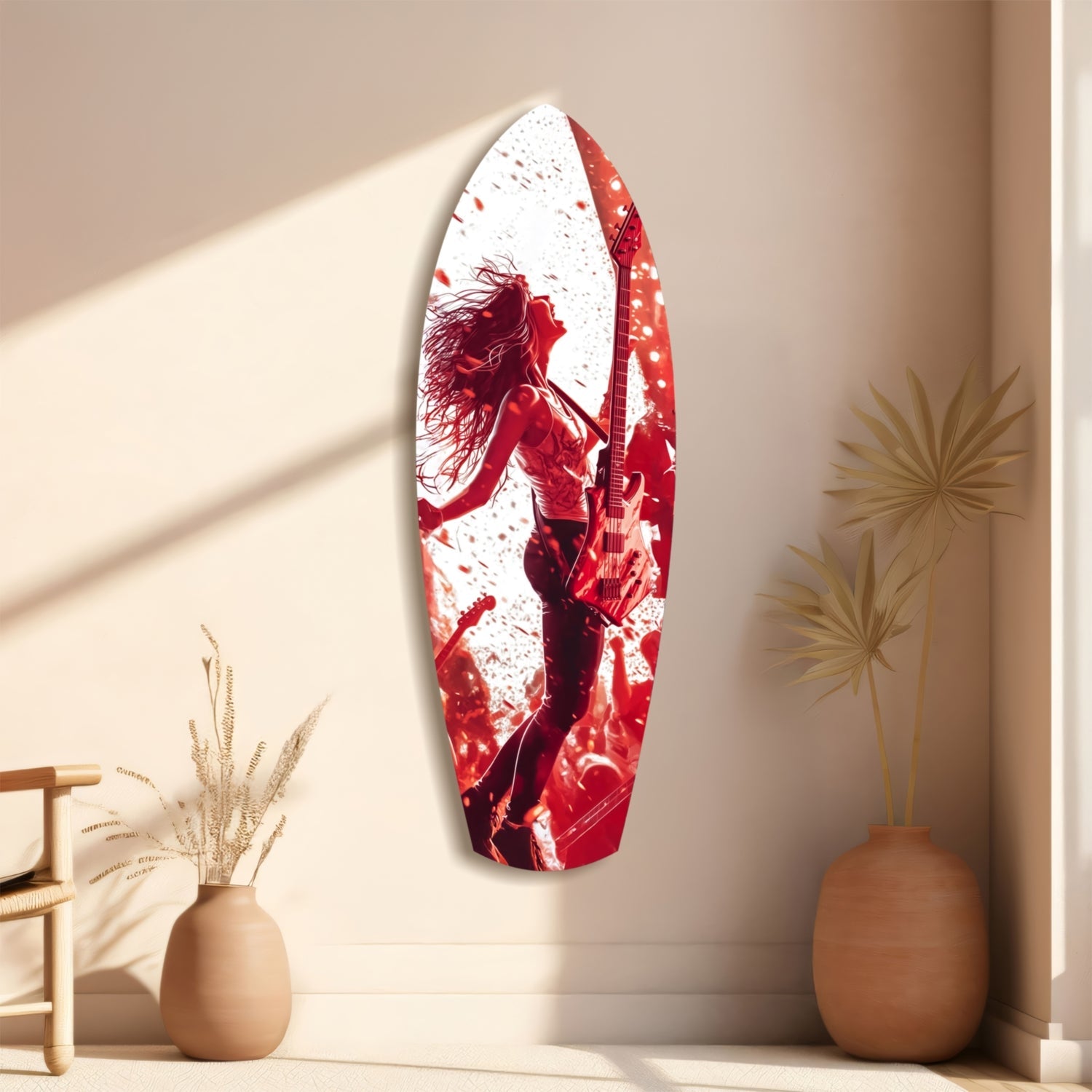Red and white glass surfboard wall art depicting a musician with guitar, displayed on a beige wall with decorative vases and dried plants.