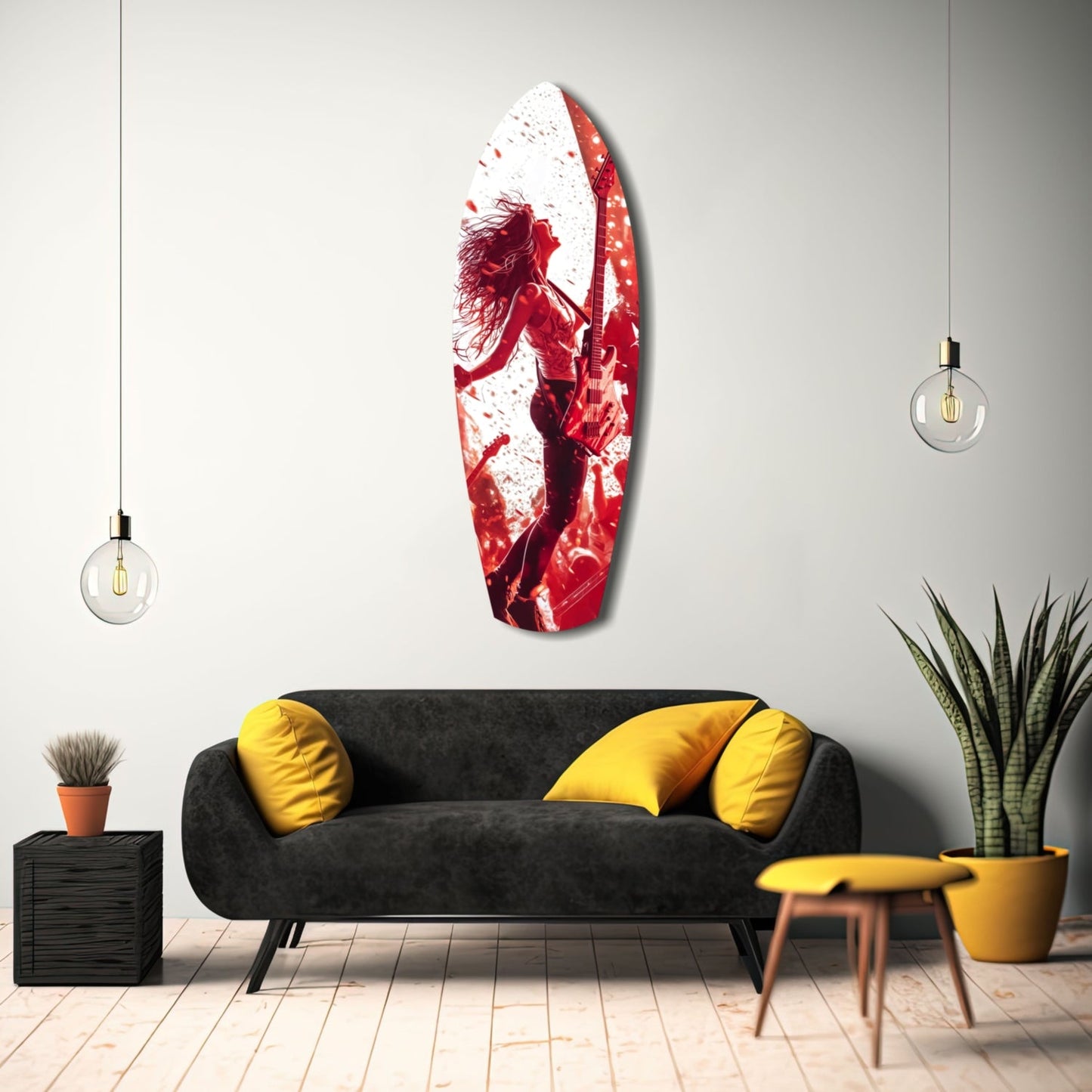 Red and white glass surfboard wall art displaying a silhouetted female surfer, displayed above a black sofa in a modern living room setting.