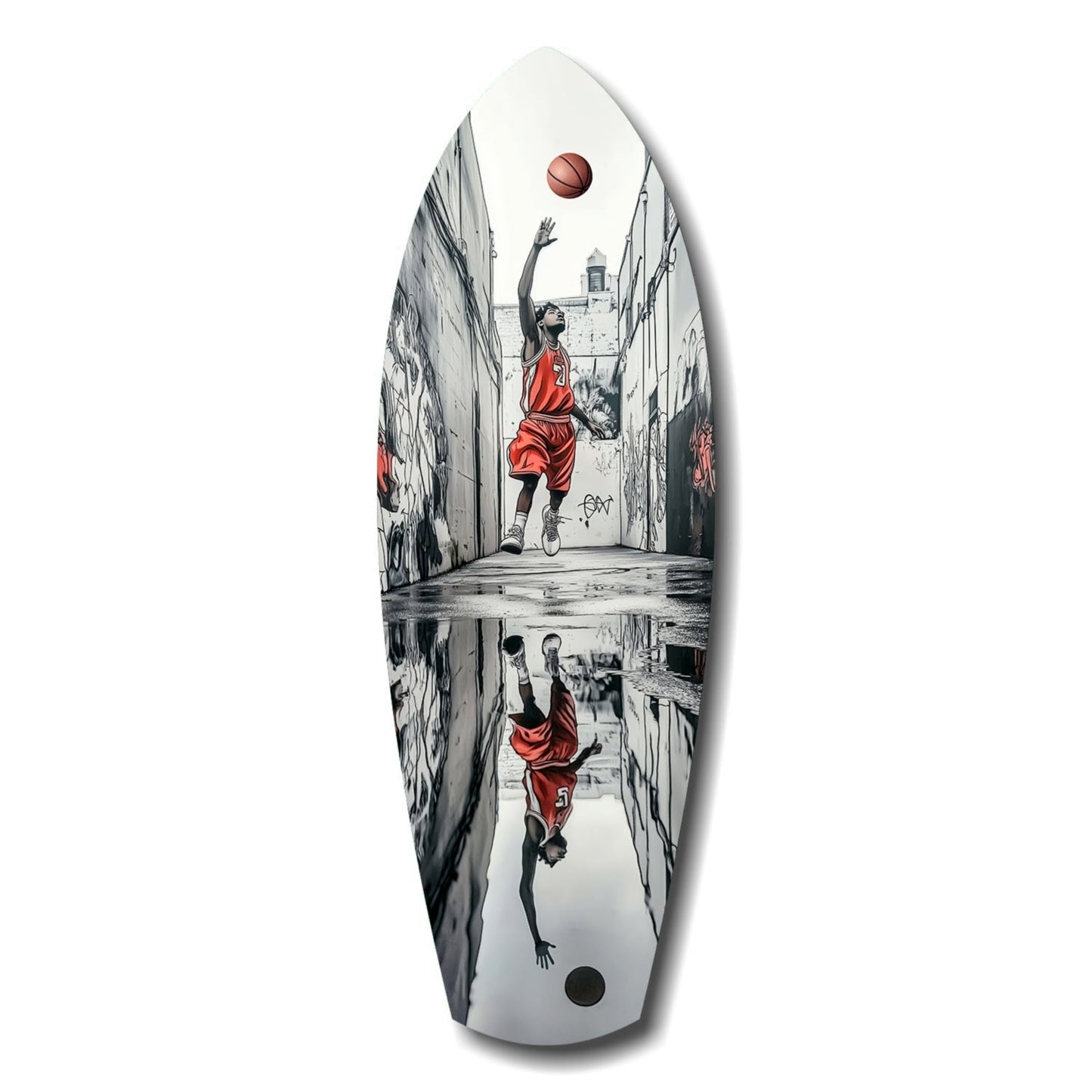 Oval glass wall art depicting a basketball player in red shooting upward in a narrow alleyway, with reflection below.