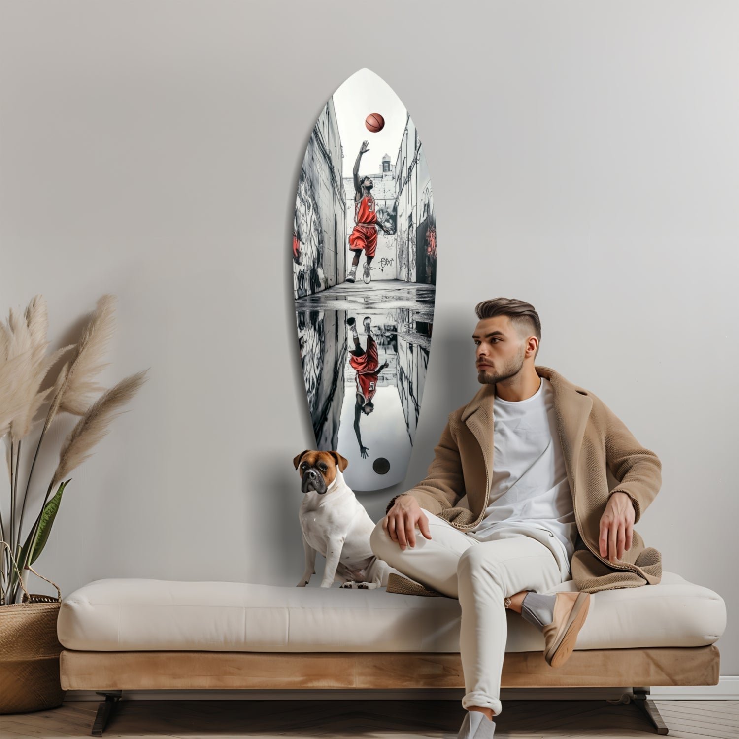 Man and dog sitting on beige sofa facing oval basketball glass art depicting red player shooting ball in urban alley.