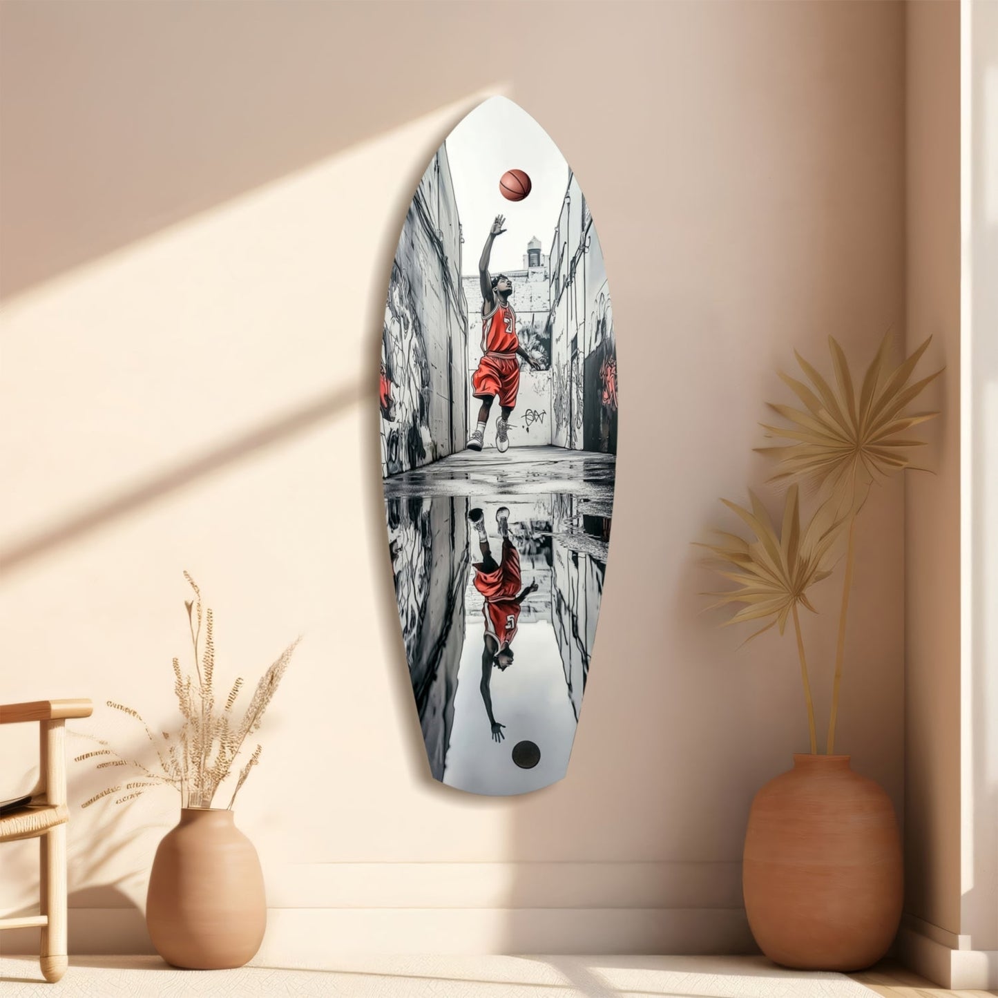 Elongated oval glass wall art depicting a basketball player in red shooting in an urban alley, displayed on a beige wall with decorative vases and dried grasses.