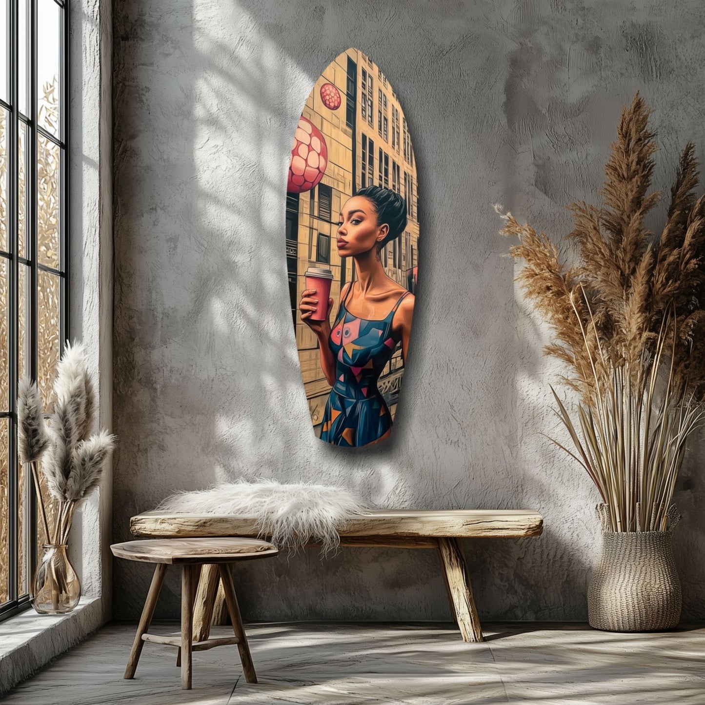 Oval glass wall art depicting a woman in blue dress holding a beverage against urban building backdrop, displayed above wooden bench in minimalist room setting.