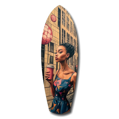 Oval wooden surfboard-shaped wall art featuring an illustrated woman in geometric patterned dress holding a red cup against an urban building backdrop.