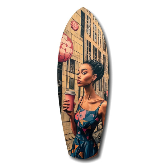 Oval wooden surfboard-shaped wall art featuring an illustrated woman in geometric patterned dress holding a red cup against an urban building backdrop.
