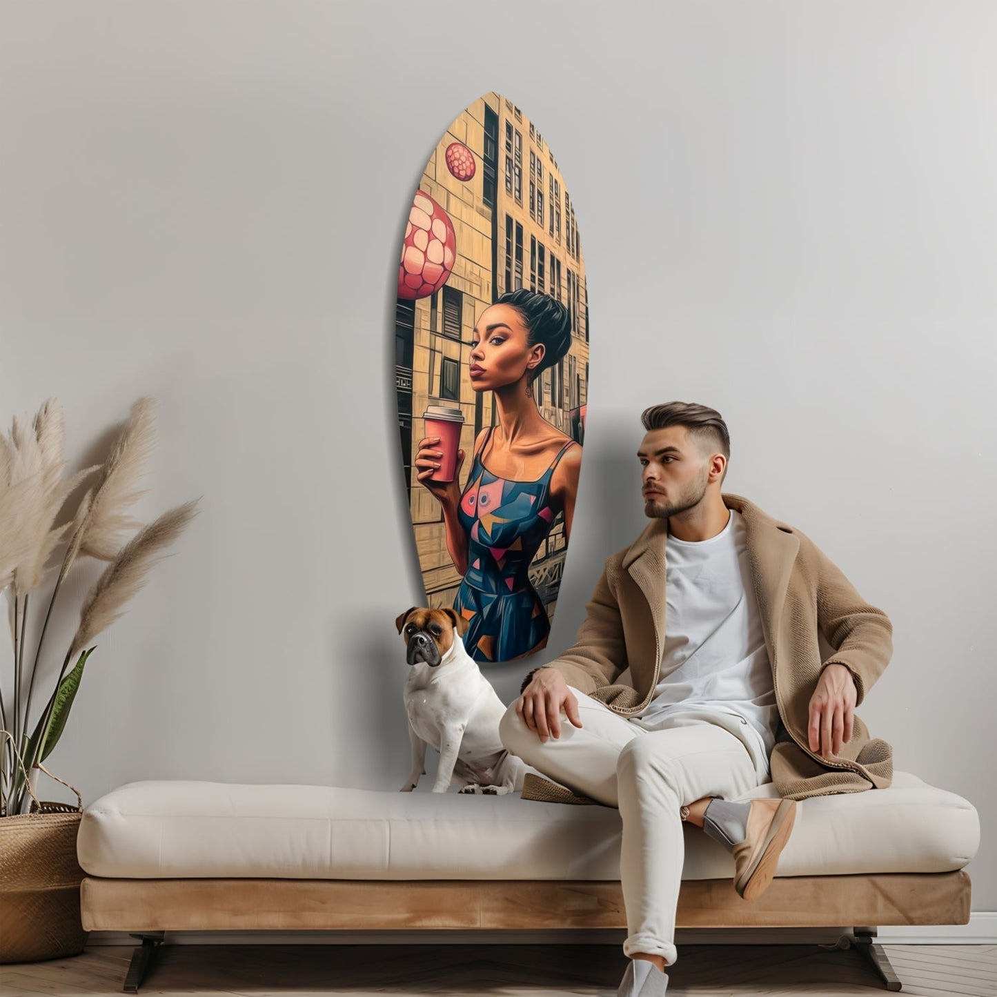 Man sitting on beige sofa beside dog, viewing oval glass wall art depicting woman in urban setting with lanterns and building backdrop.
