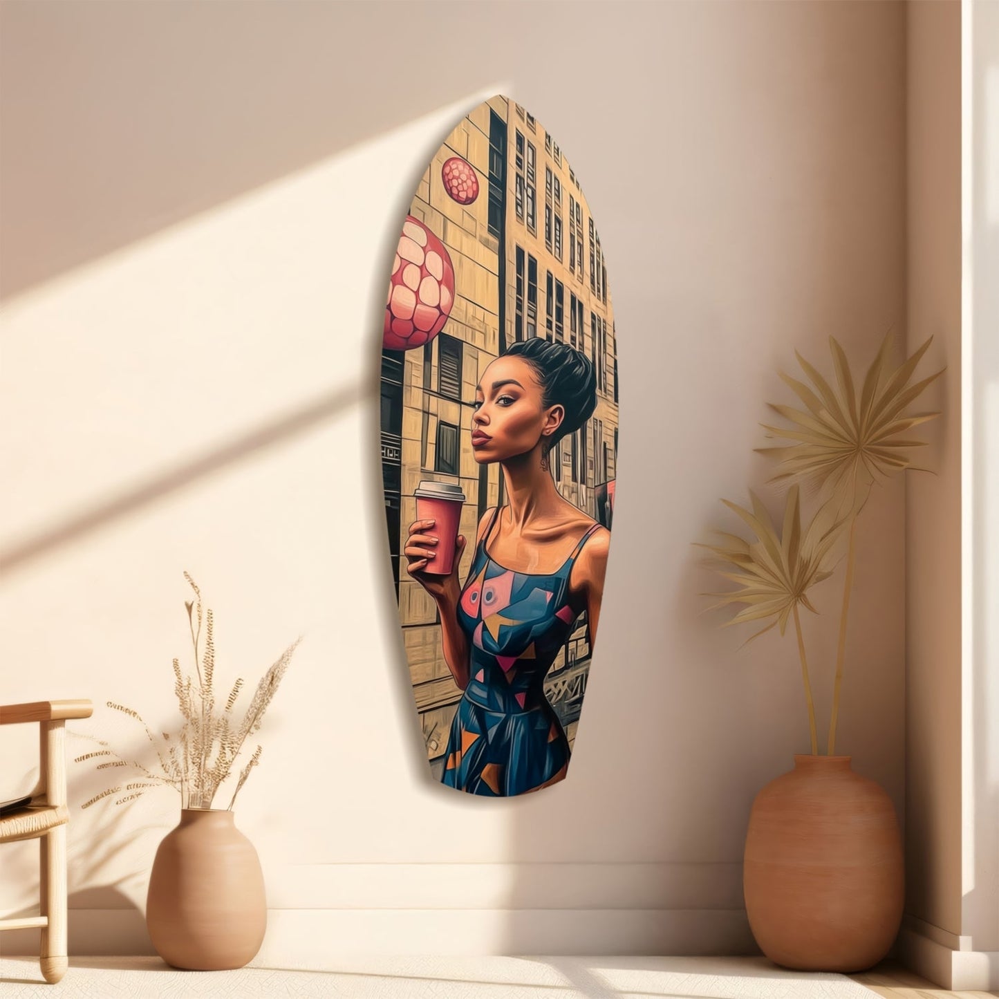 Modern City Life Glass Wall Art displayed on beige wall between terracotta vases, featuring illustrated woman in colorful dress holding pink cup against urban building backdrop.