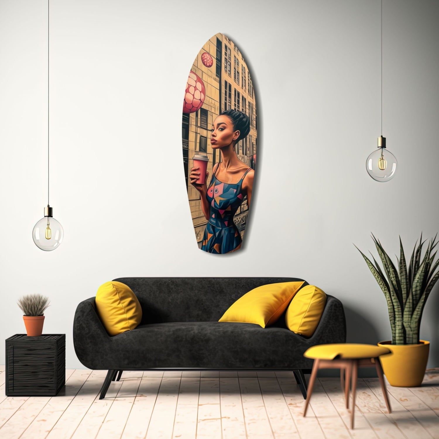 Oval glass wall art featuring a woman in a blue dress holding a pink cup against an urban building backdrop, displayed above a black sofa with yellow pillows.