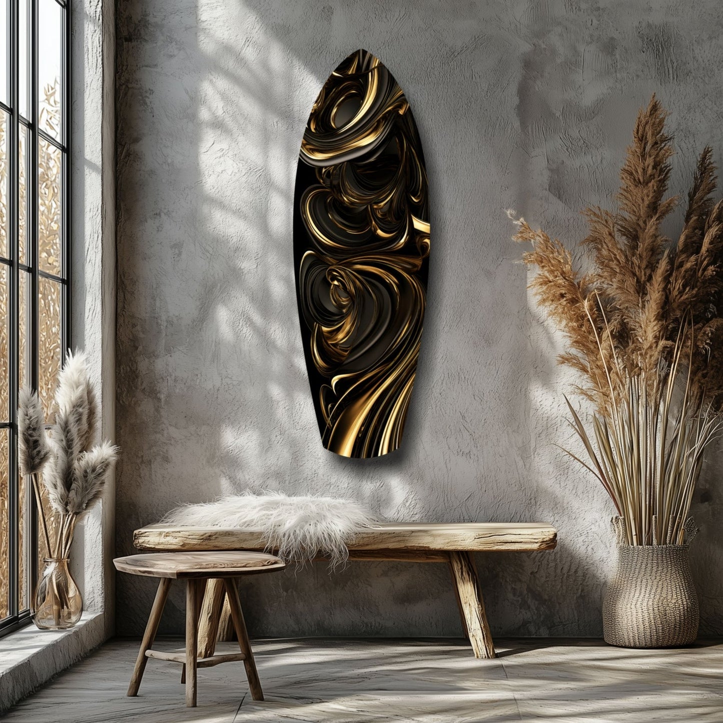 Golden Swirls Glass Wall Art displayed vertically on gray textured wall above wooden bench in minimalist room setting.