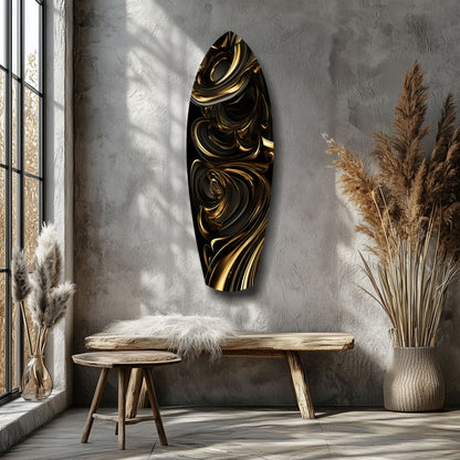 Golden Swirls Glass Wall Art displayed vertically on gray textured wall above wooden bench in minimalist room setting.