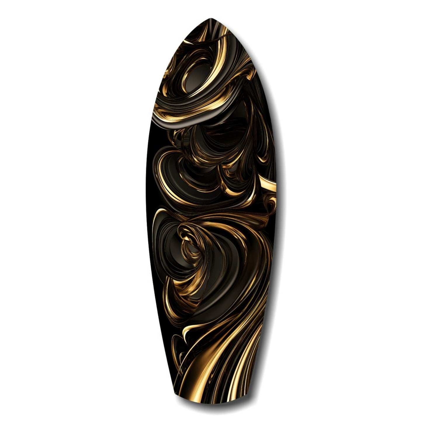 Black and gold swirled glass wall art in teardrop shape, displayed against white background with shadow.