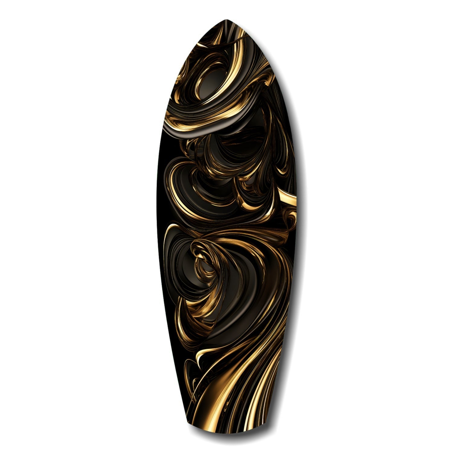 Black and gold swirled glass wall art in teardrop shape, displayed against white background with shadow.