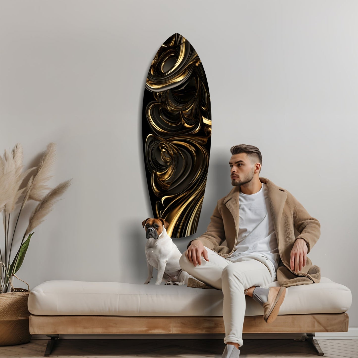 Man and dog seated on white platform bench beside black and gold swirled teardrop-shaped glass wall art in neutral interior setting.