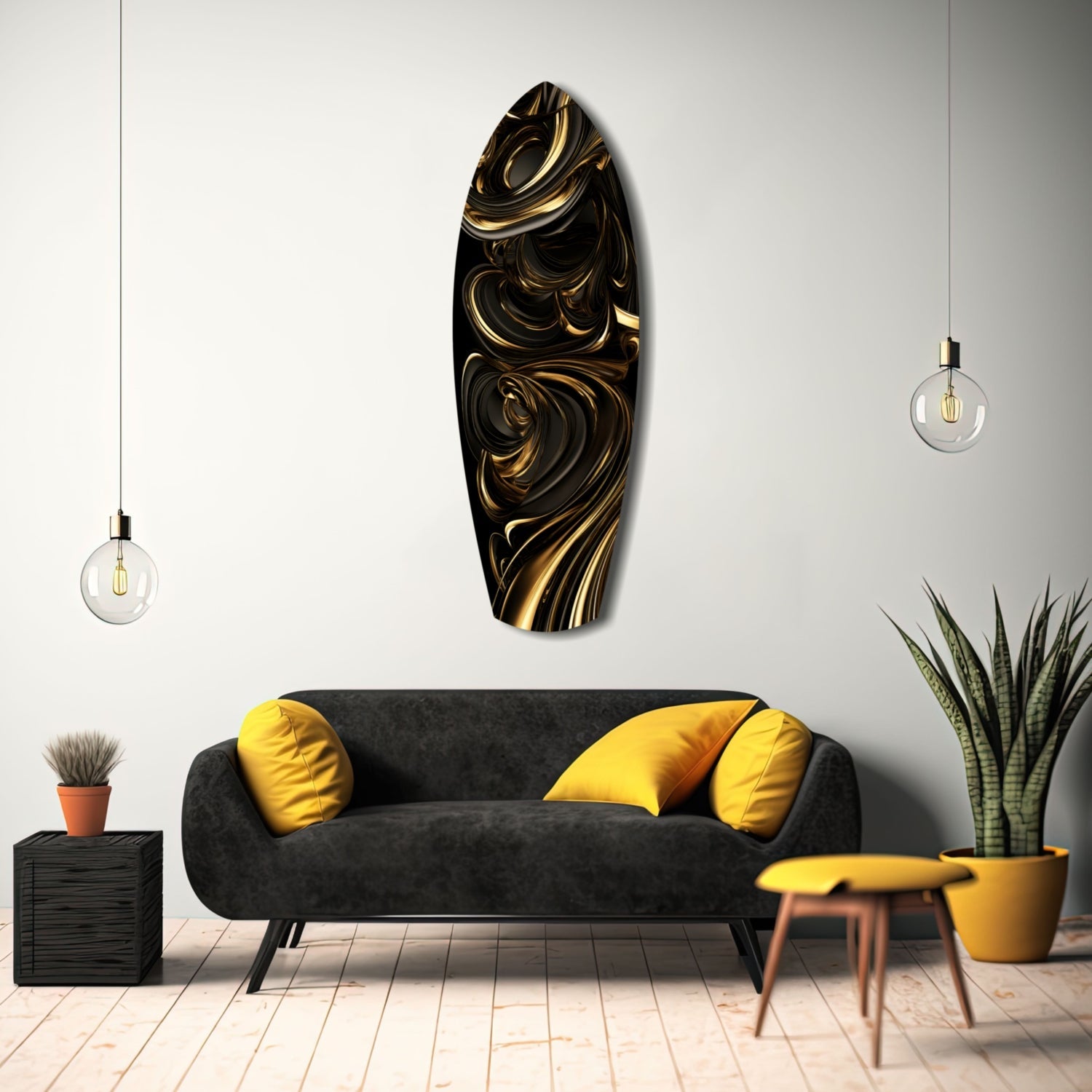 Black and gold swirled glass wall art hanging above a dark sofa with yellow pillows in modern living room interior.