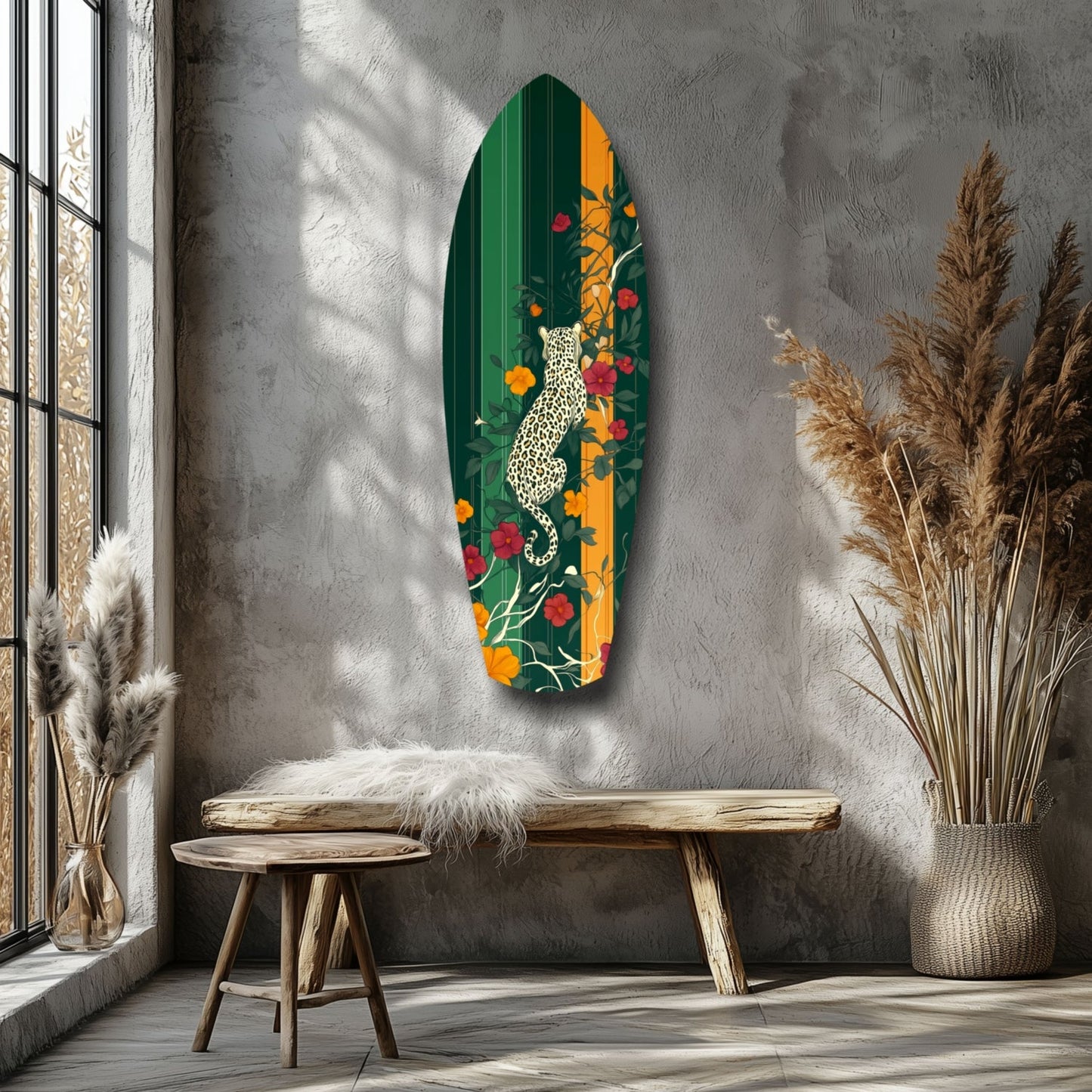 Elongated oval glass wall art featuring a white leopard surrounded by colorful flowers on green and orange background, displayed above wooden bench in minimalist room setting.