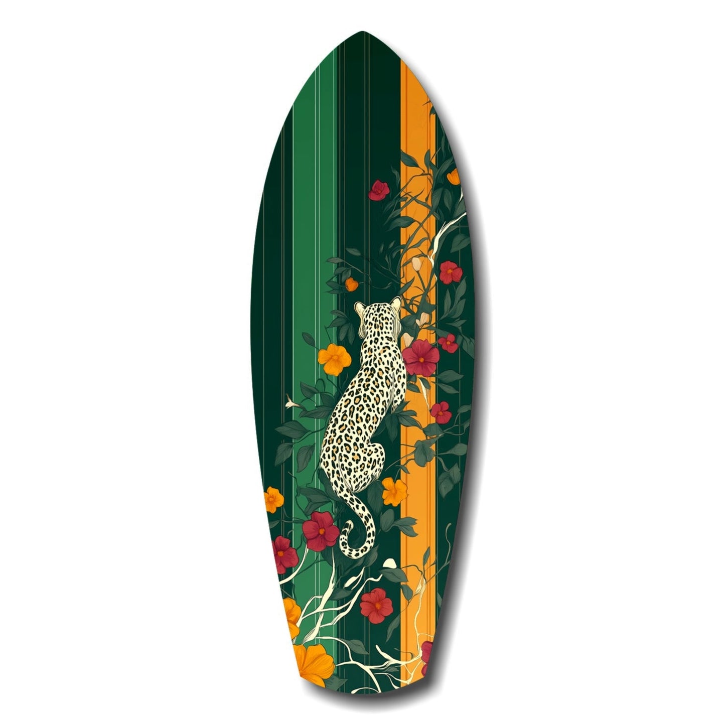 Surfboard-shaped glass art featuring a spotted leopard among orange and red flowers on a deep green background.