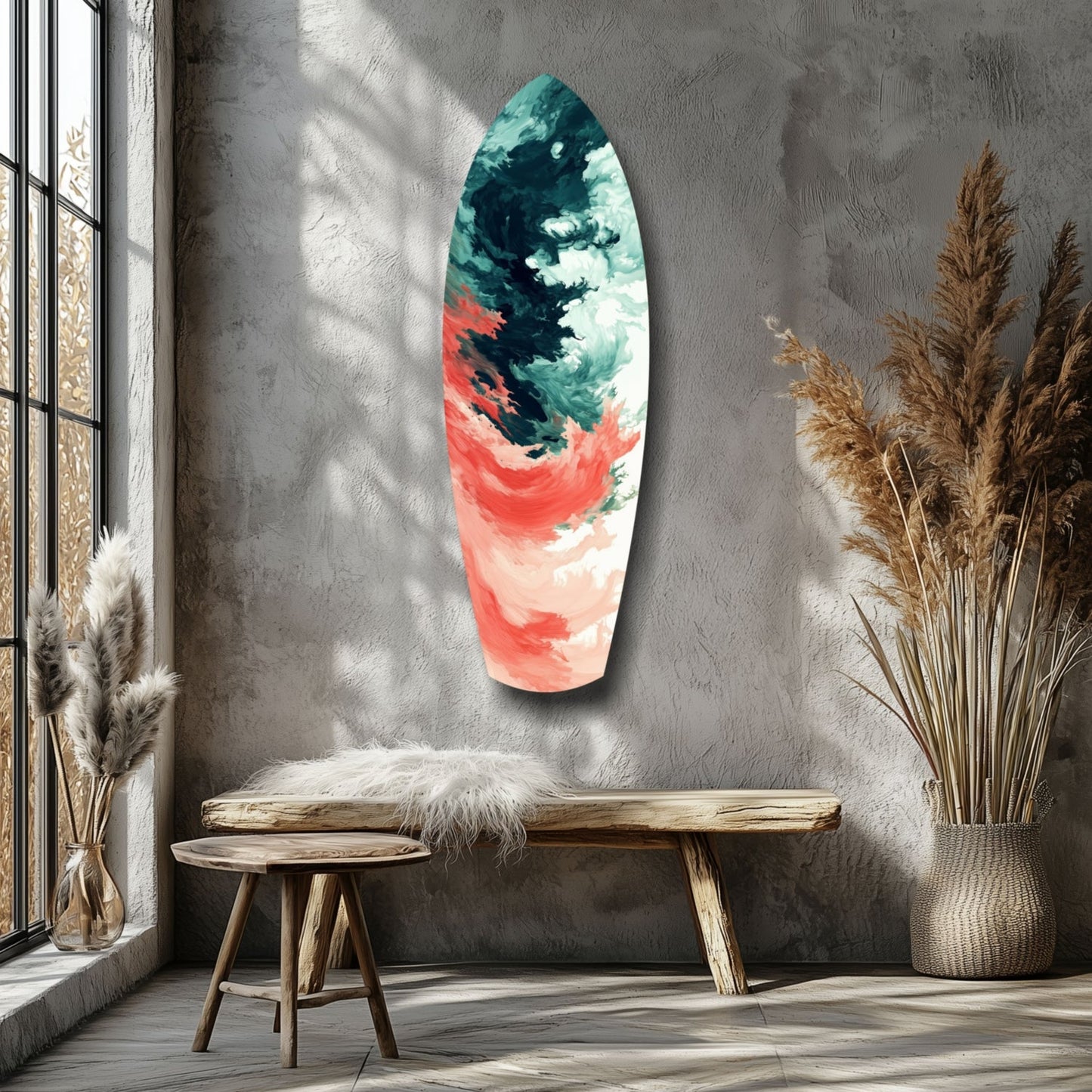 Relentless Waves glass wall art featuring teal and coral abstract brushstrokes displayed above wooden bench in minimalist interior.