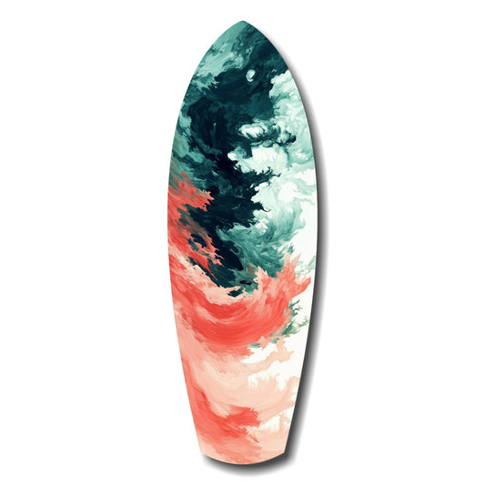Elongated oval surfboard with abstract painted design in teal, cream, coral red, and peach brushstrokes, shown against white background.