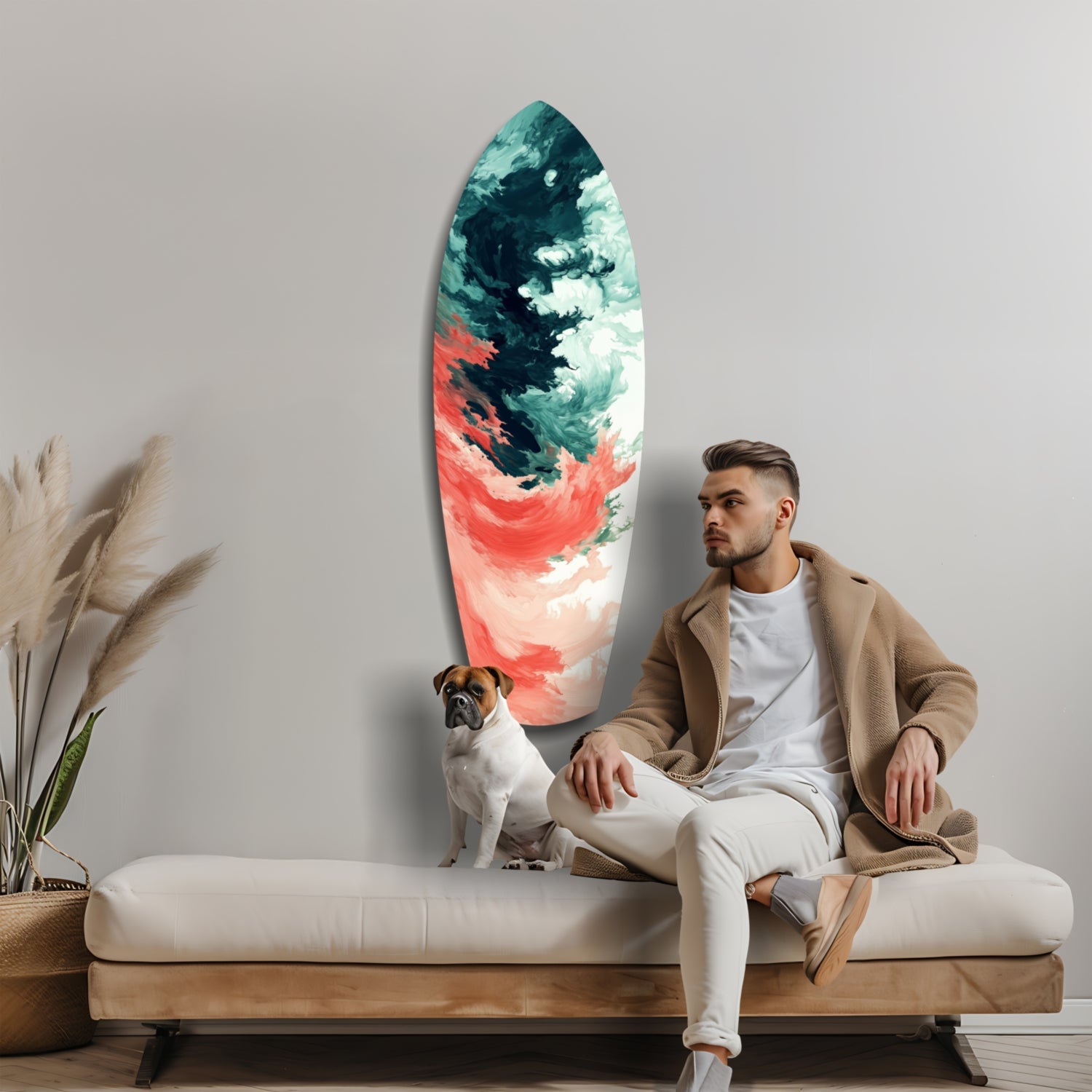 Man and dog sitting on bench beside elongated oval glass wall art with teal, white, and coral abstract swirl design.