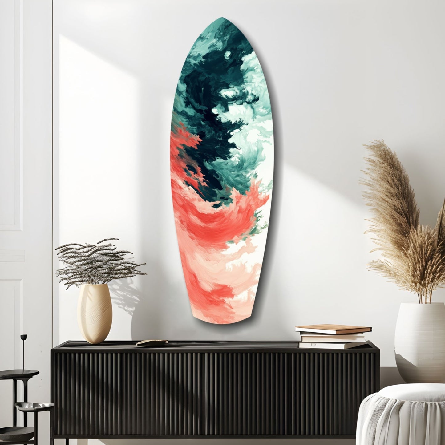 Oval glass wall art with teal, cream, and coral abstract brushstroke design mounted above black console table in modern interior.