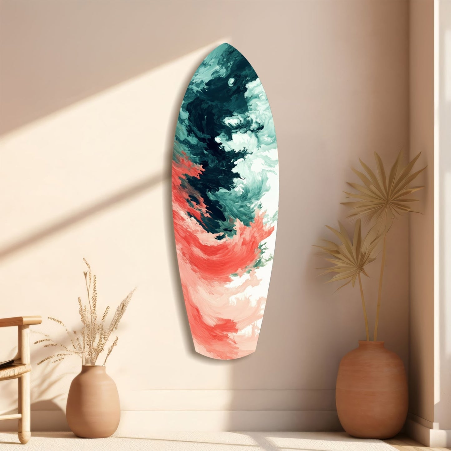 Elongated oval glass wall art with teal, coral, and white painted abstract brushstrokes, displayed on beige wall with ceramic vases.