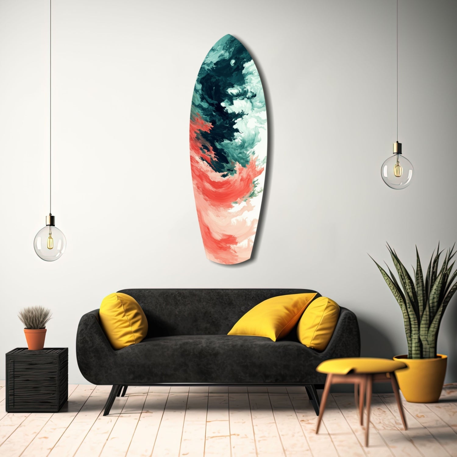 Relentless Waves Glass Wall Art displayed on a white wall above a black sofa with yellow pillows, featuring teal and coral abstract swirled patterns.